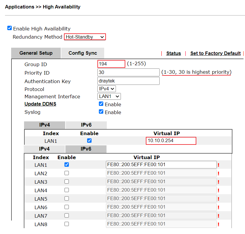 a screenshot of DrayOS High Availability General Setup